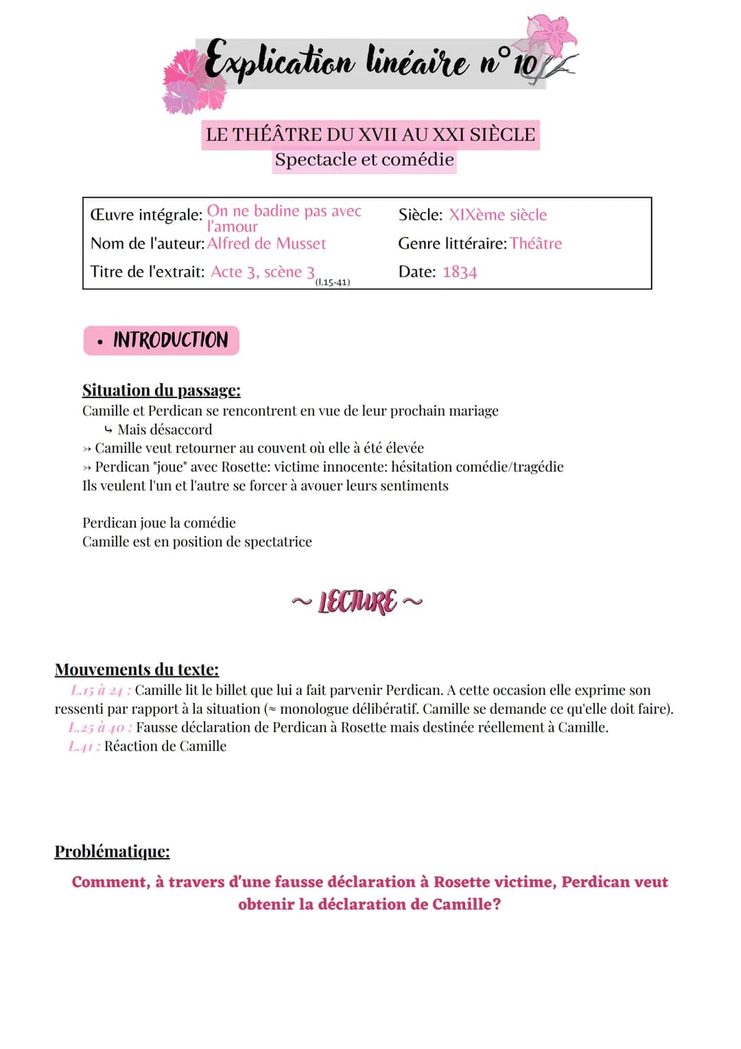 Explication linéaire n° 10/
LE THÉÂTRE DU XVII AU XXI SIÈCLE
Spectacle et comédie
Œuvre intégrale: On ne badine pas avec
l'amour
Nom de l'au
