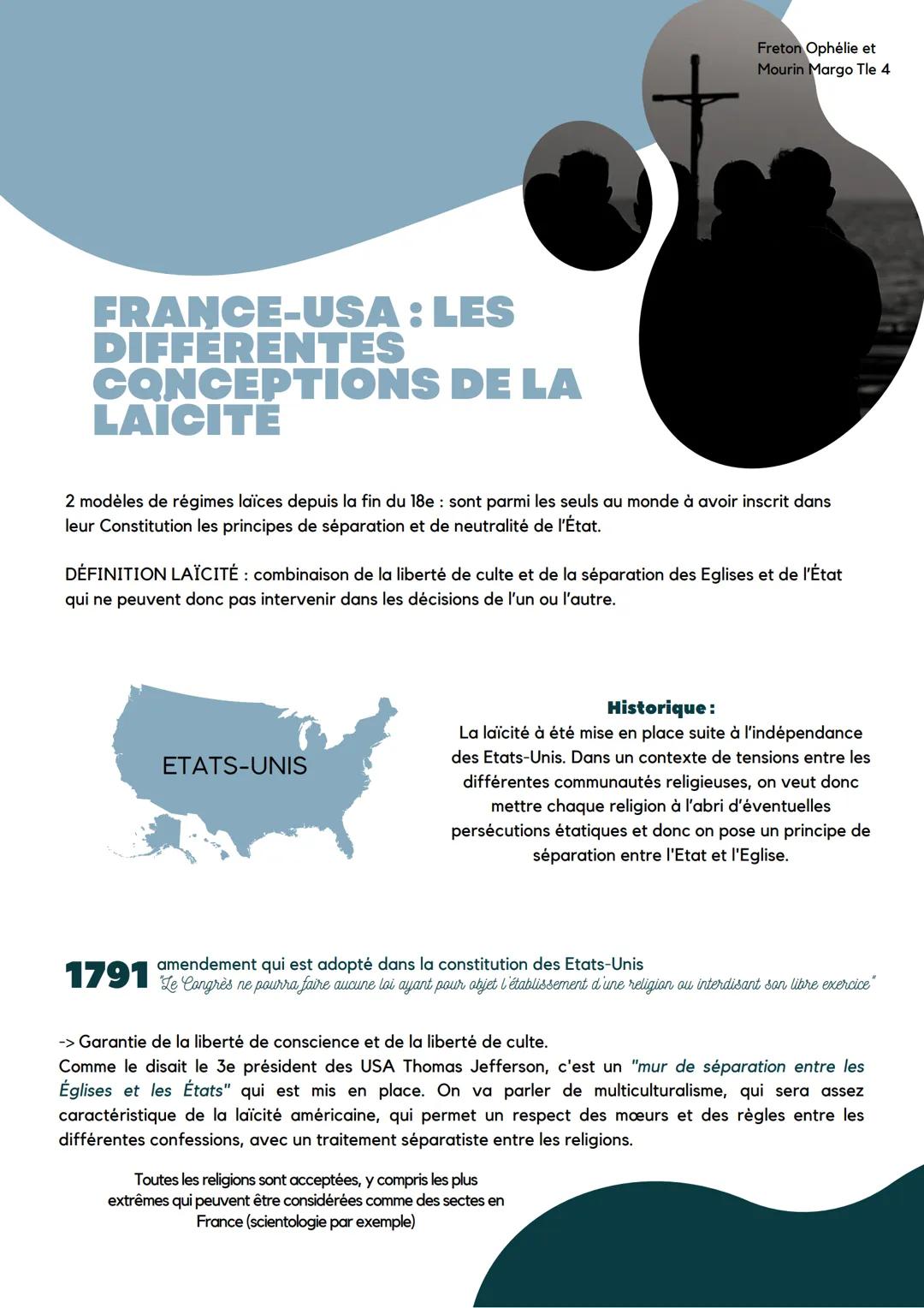 FRANCE-USA : LES
DIFFERENTES
CONCEPTIONS DE LA
LAICITE
2 modèles de régimes laïces depuis la fin du 18e sont parmi les seuls au monde à avoi