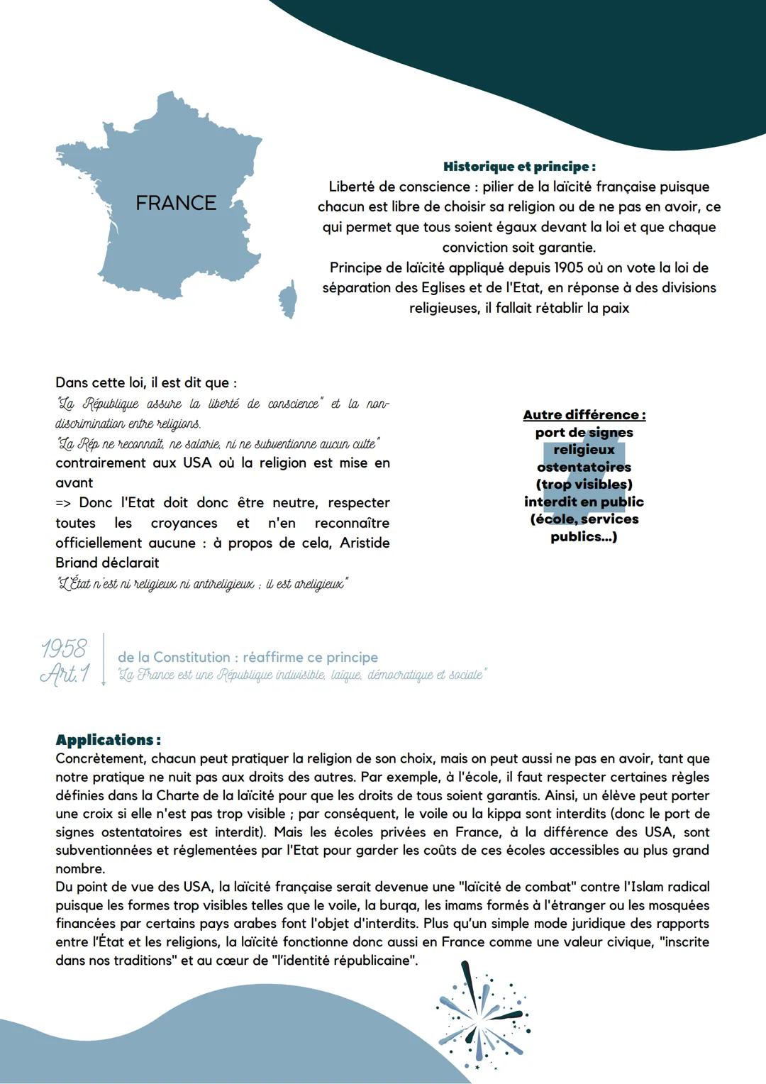 FRANCE-USA : LES
DIFFERENTES
CONCEPTIONS DE LA
LAICITE
2 modèles de régimes laïces depuis la fin du 18e sont parmi les seuls au monde à avoi
