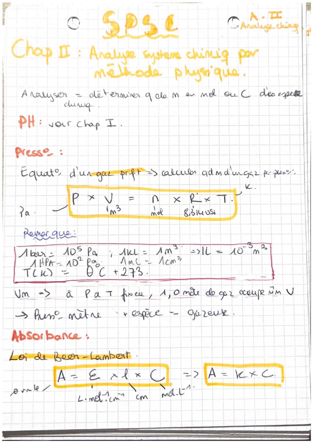 •
Sese
Chap II: Analyse Systeme chimiq por
méthode physique,
Analyser
dụng.
PH: voir chap I.
Presso:
Equato d'un gaz prift = calcular adm. d