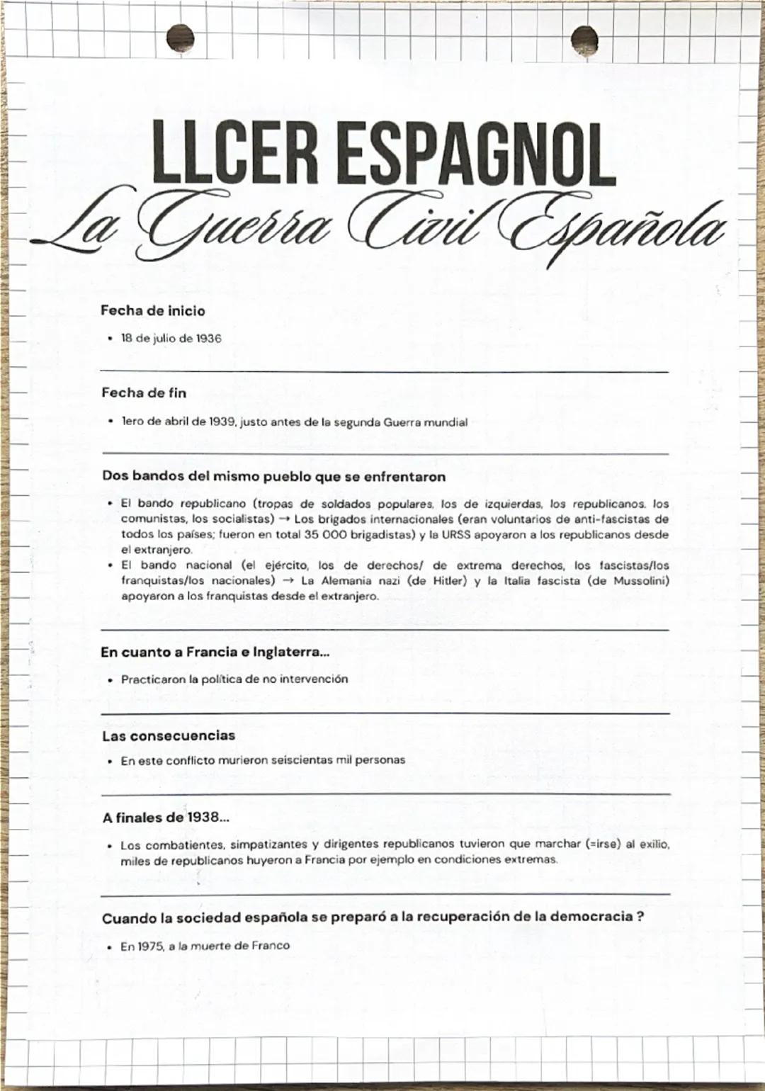 # LLCER ESPAGNOL

# La Guerra Civil Española

Fecha de inicio

*   18 de julio de 1936

Fecha de fin

*   1ero de abril de 1939, justo antes