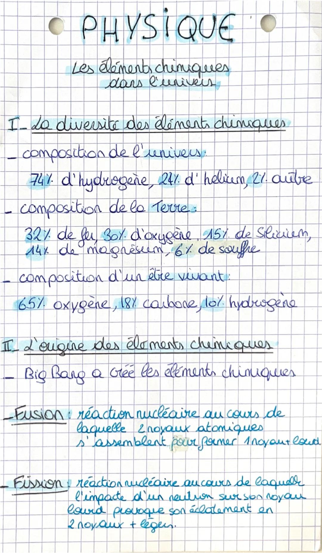--- OCR Start ---
• PHYSIQUE
Les éléments chimiques
dans l'univers
I- La diversité des éléments chimiques
- composition de l'univers.
74% d'