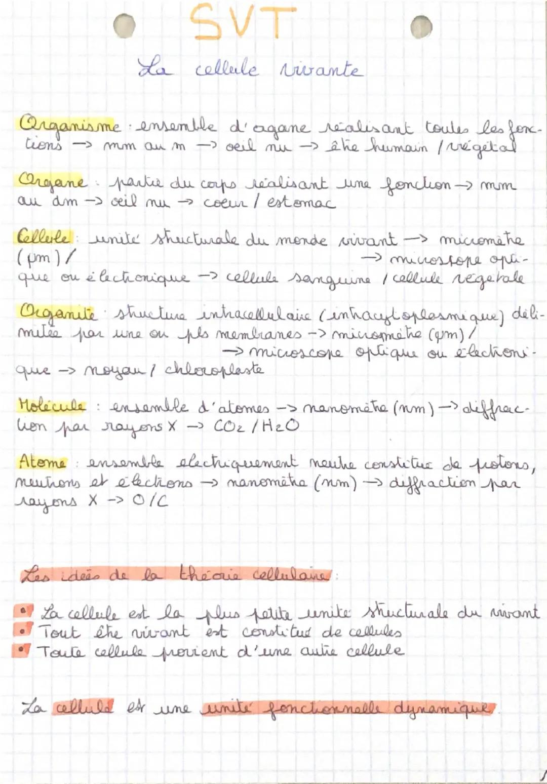 # SVT

La cellule vivante

Organisme : ensemble d'organe réalisant toutes les fonctions -> mm au m -> oeil mu -> être humain /végétal

Organ