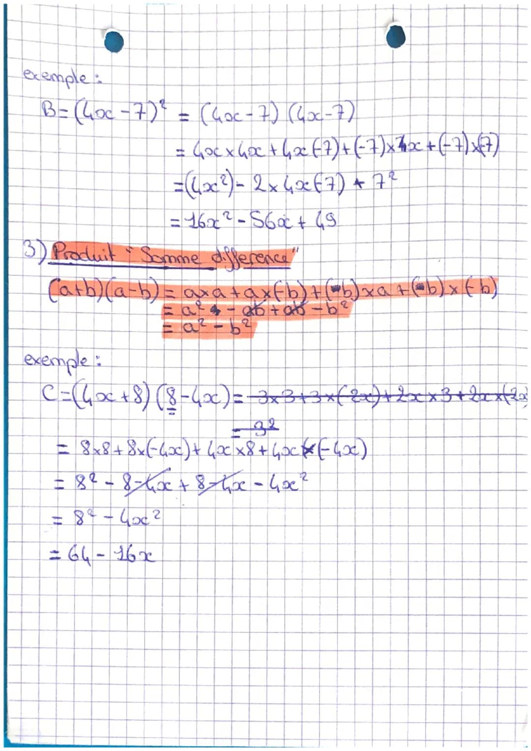 Math Chap 8
Identite remarquable
Connaitre ces 3 formules :
1) (a+b) ² = a ² + 2ab + b²
2)
(a-b) ² =
a ² - 2ab + b²
3)
(a+b) (a-b)= a ² + b²