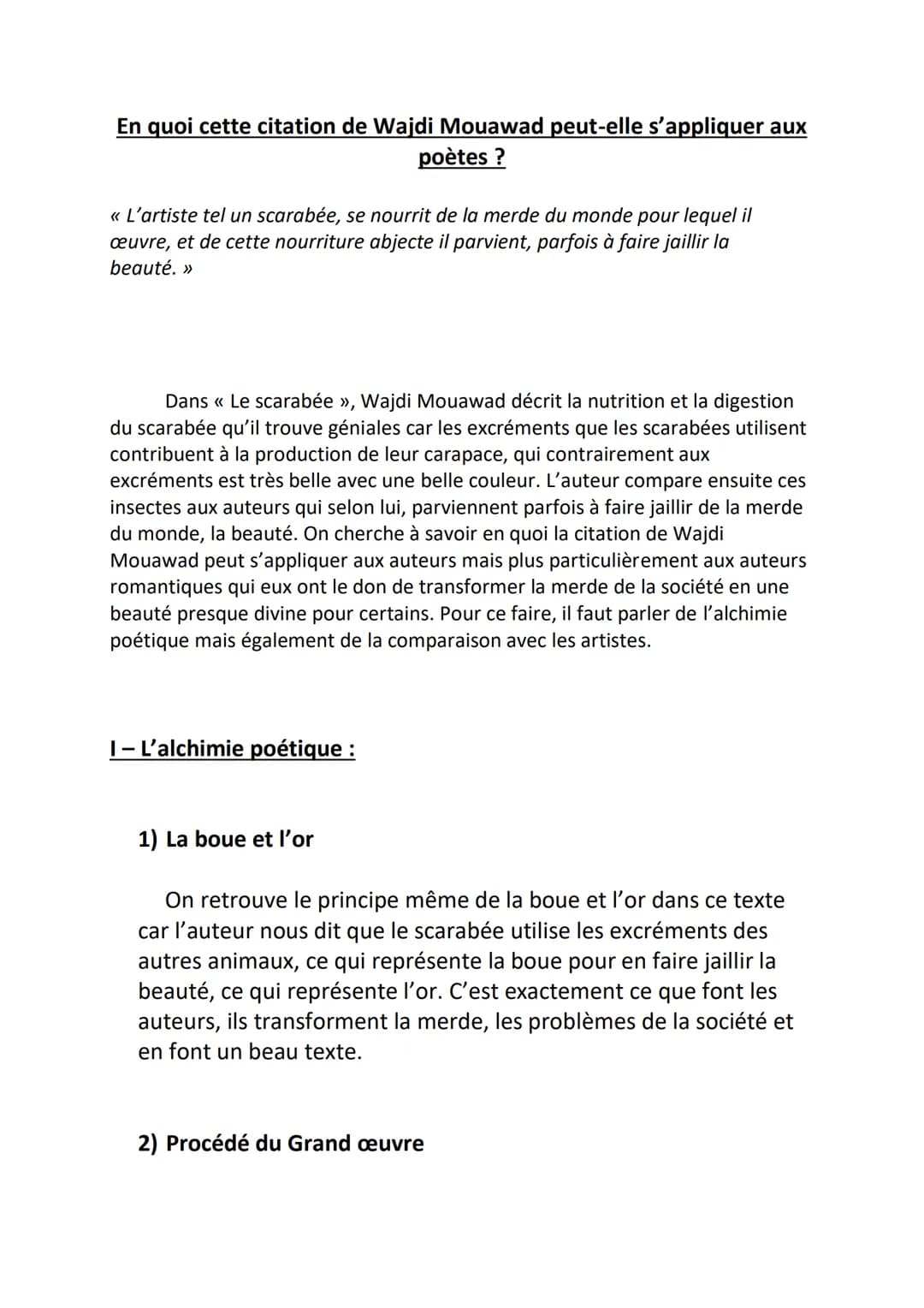 En quoi cette citation de Wajdi Mouawad peut-elle s'appliquer aux
poètes ?
<< L'artiste tel un scarabée, se nourrit de la merde du monde pou