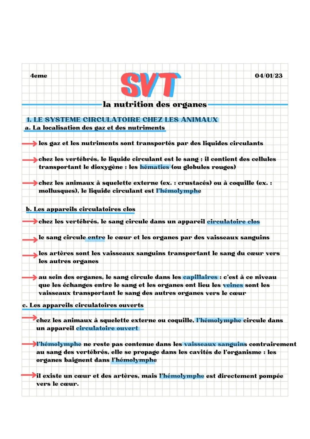 4eme
SVT
la nutrition des organes
1. LE SYSTEME CIRCULATOIRE CHEZ LES ANIMAUX
a. La localisation des gaz et des nutriments
04/01/23
les gaz 