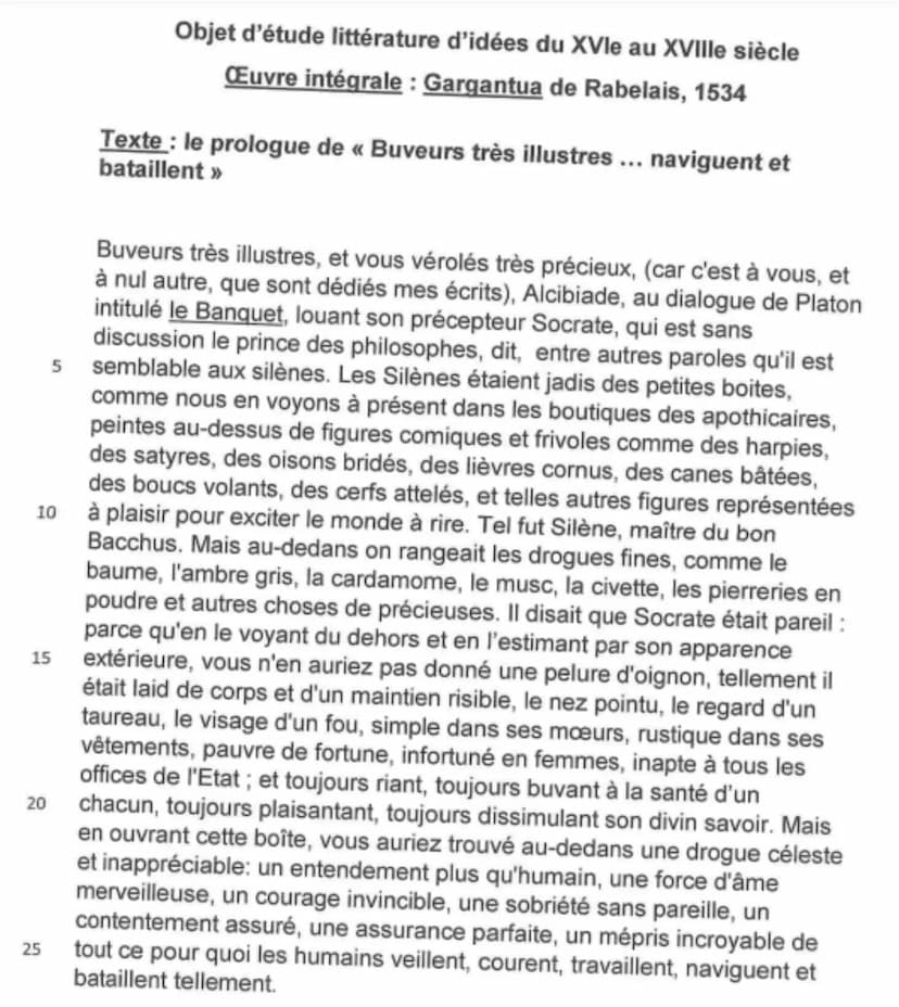 Phrase d'accroche :
Prologue de Gargantua
Œuvre intégrale : Gargantua de Rabelais, 1534
Mouvement humaniste
-
Présentation + Description :
A