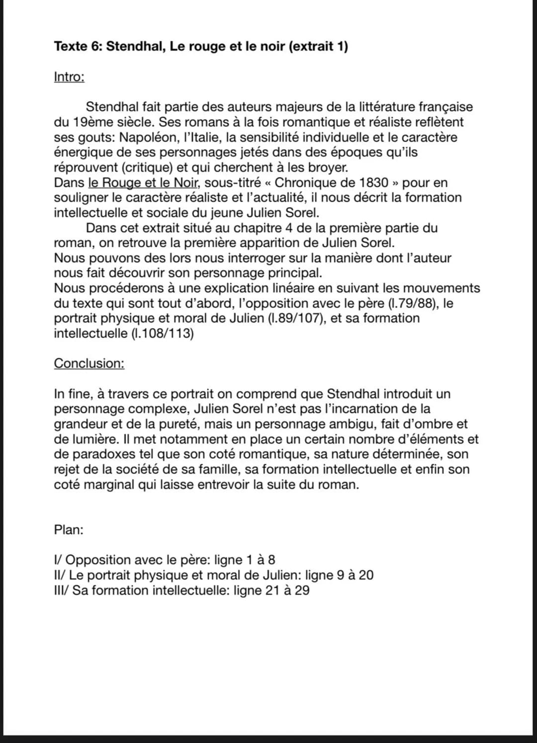 Texte 6: Stendhal, Le rouge et le noir (extrait 1)
Intro:
Stendhal fait partie des auteurs majeurs de la littérature française
du 19ème sièc