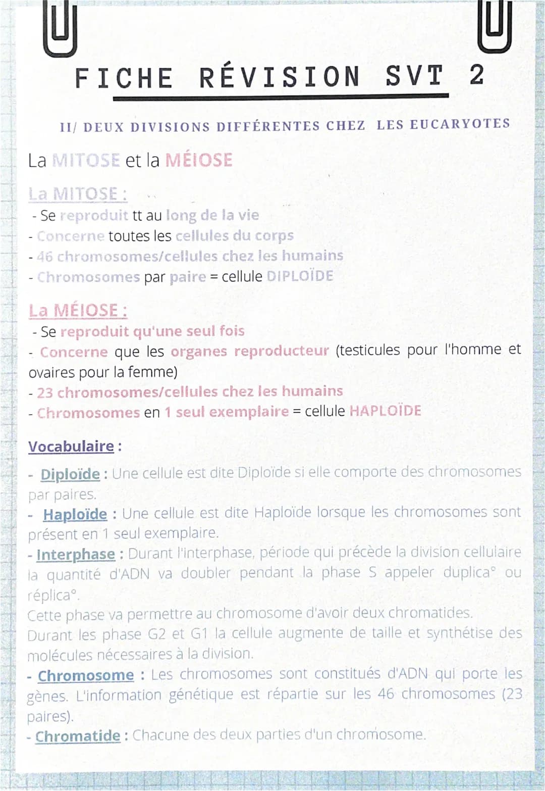 U
U
FICHE RÉVISION SVT 1
CHAP1/ DIVISION CELLULAIRE DES EUCARYOTES
Êtres vivants = grande maj sont pluricellulaire
Ces cellules ce forme par