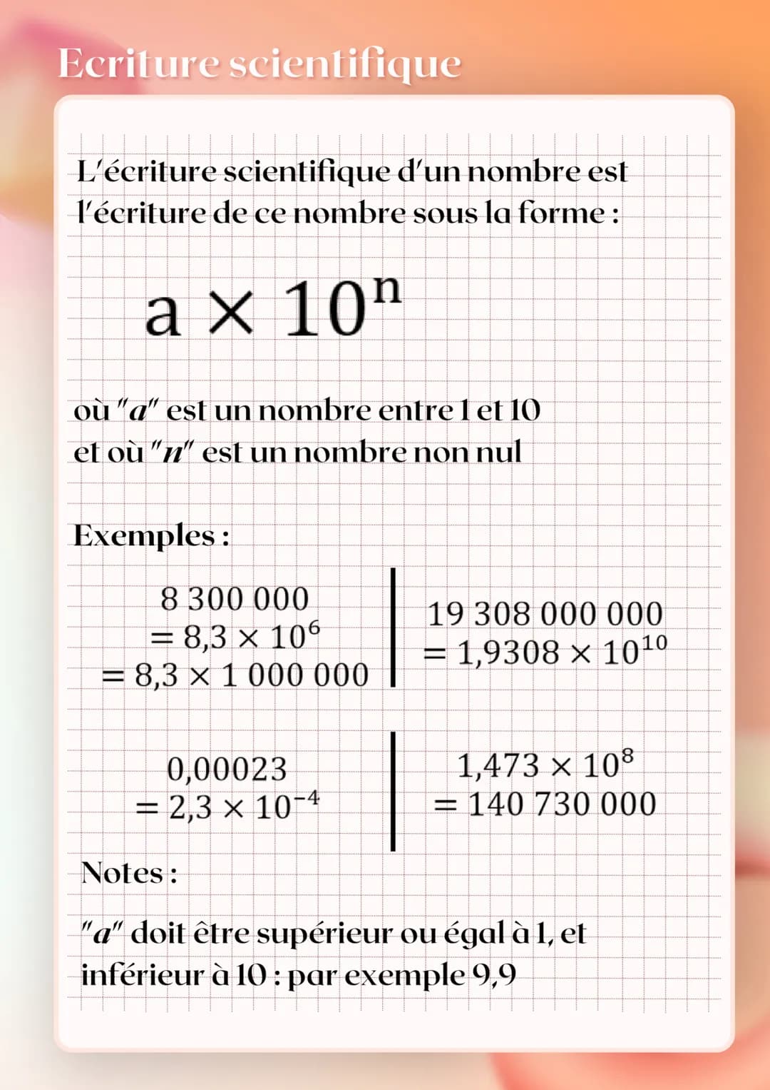 Ecriture scientifique
L'écriture scientifique d'un nombre est
l'écriture de ce nombre sous la forme:
ax 10
où "a" est un nombre entre 1 et 1