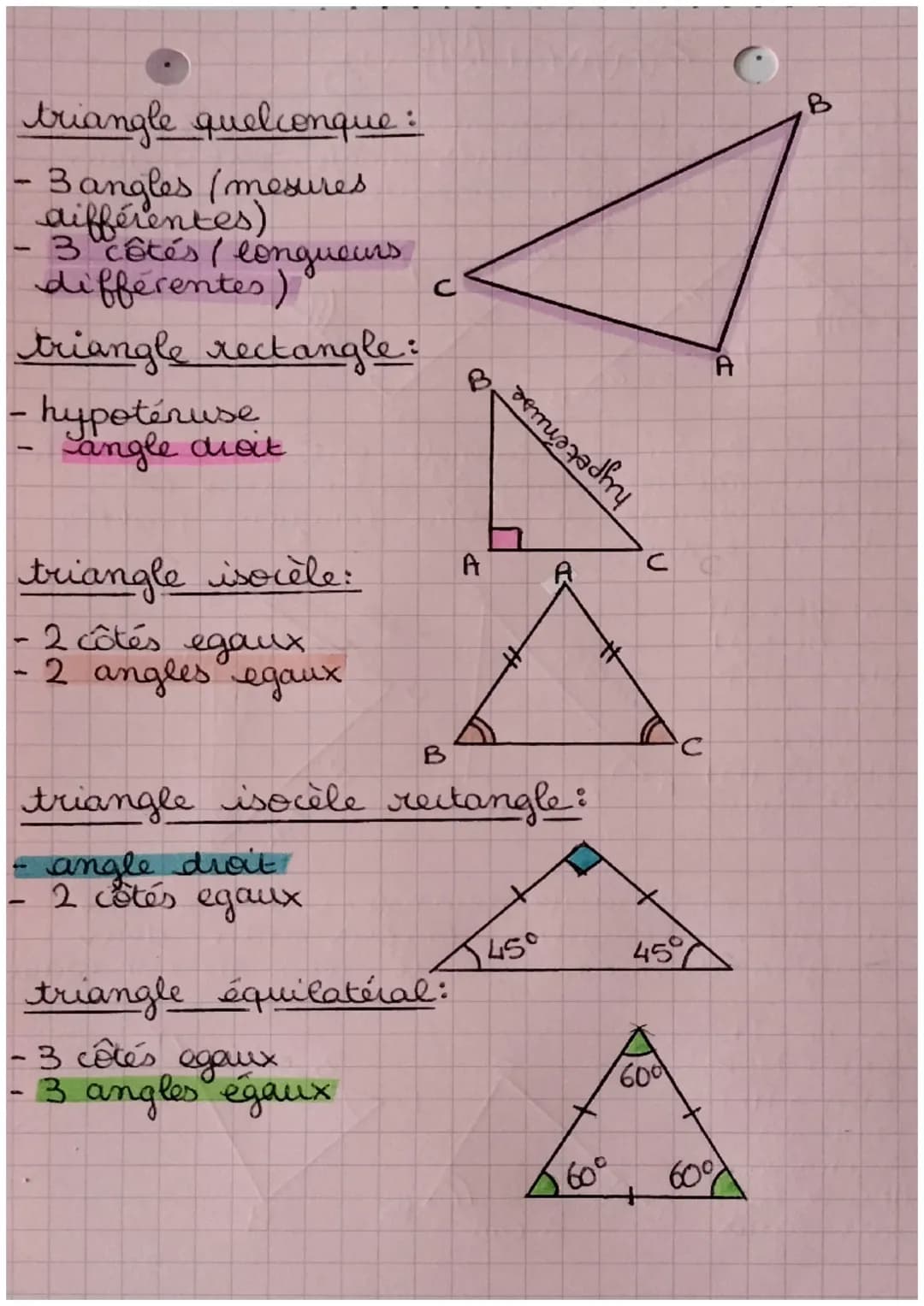 triangle quelconque:
3 angles (mesures
différentes)
3 côtés ( longueurs
différentes)
triangle rectangle:
-hypotéruse
Langle droit
triangle i