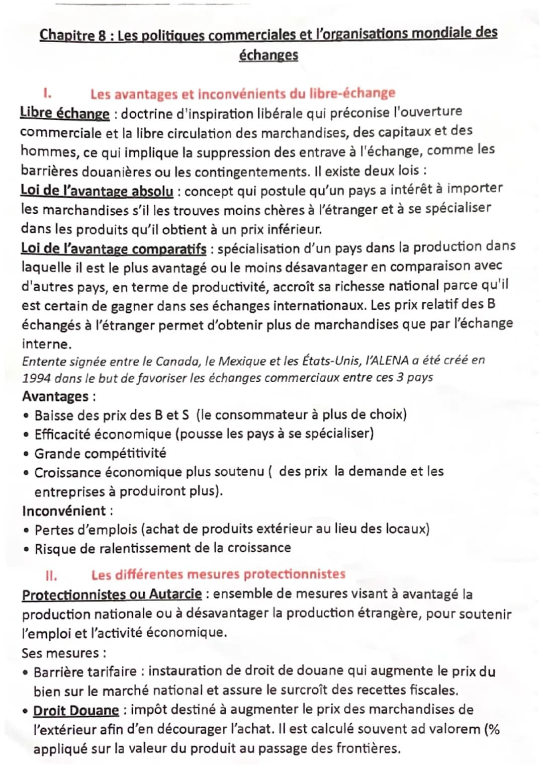 Chapitre 8 : Les politiques commerciales et l'organisations mondiale des
échanges
Les avantages et inconvénients du libre-échange
Libre écha