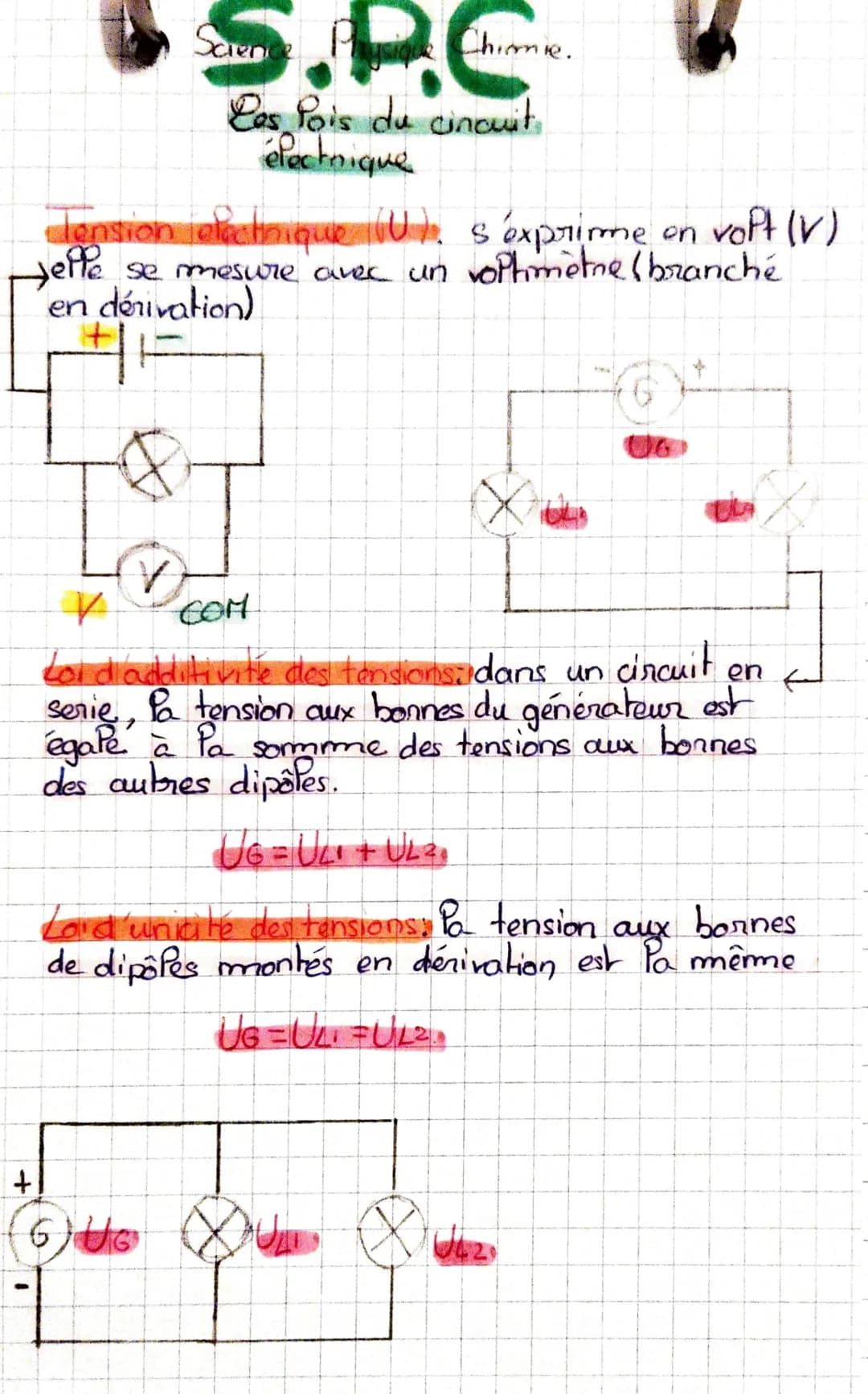 Science
+
(6) UG
1
Tension electrique (U). s'exprime on voft (V)
jelle se mesure avec un voPhimètre (branché
en dénivation)
Chimie.
Las Pois