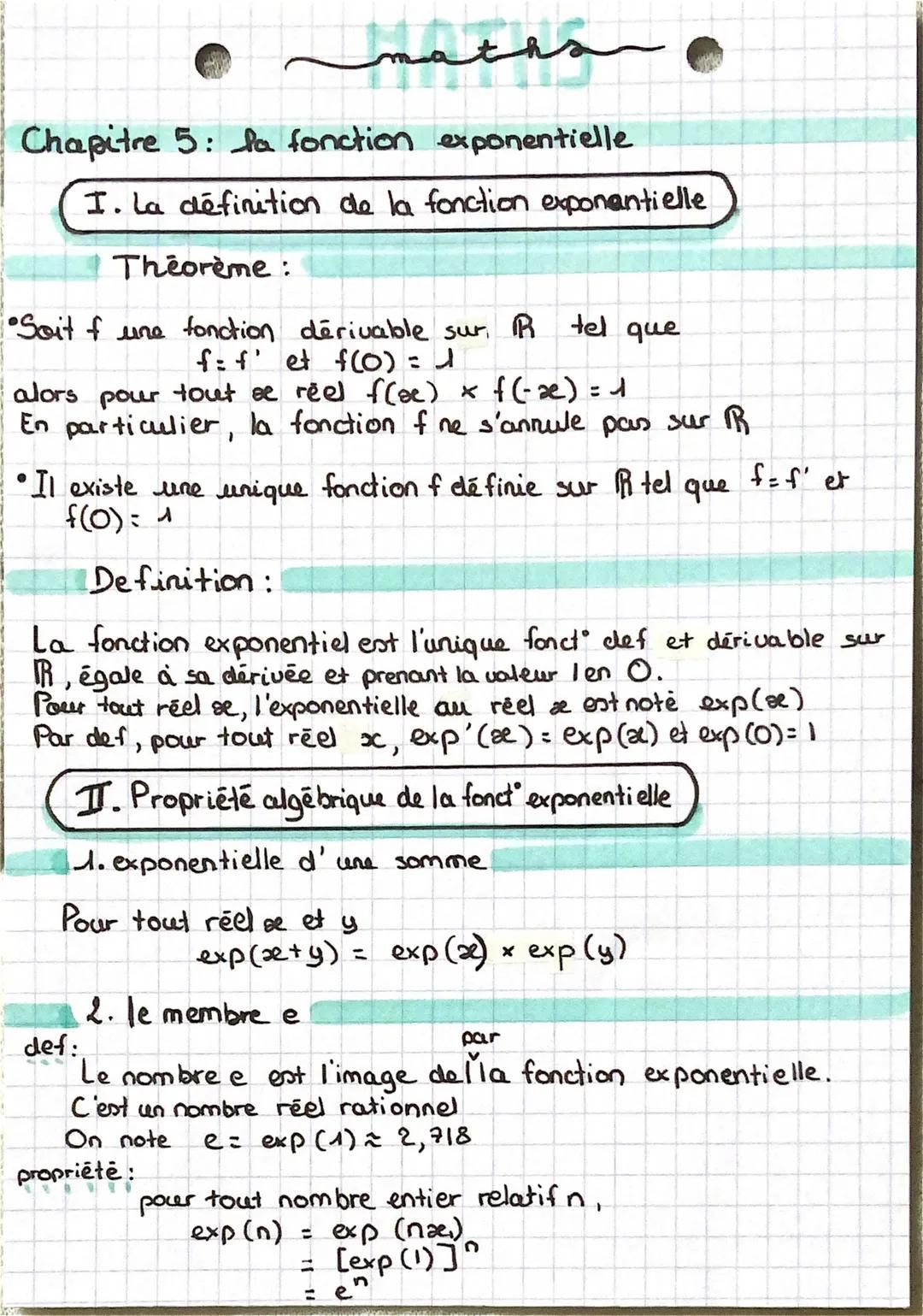 سملكمير
maths
Chapitre 5: la fonction exponentielle
I. La définition de la fonction exponentielle
Théorème:
tel que
•Soit f une fonction dér