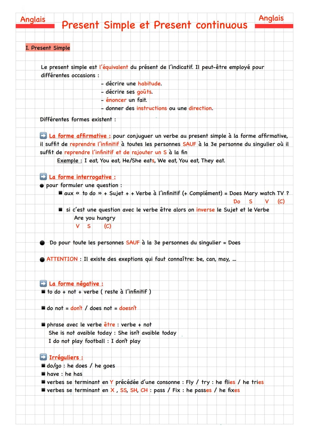 Anglais
Present Simple et Present continuous
I. Present Simple
Le present simple est l'équivalent du présent de l'indicatif. Il peut-être em