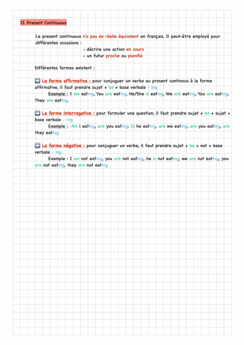 Anglais
Present Simple et Present continuous
I. Present Simple
Le present simple est l'équivalent du présent de l'indicatif. Il peut-être em