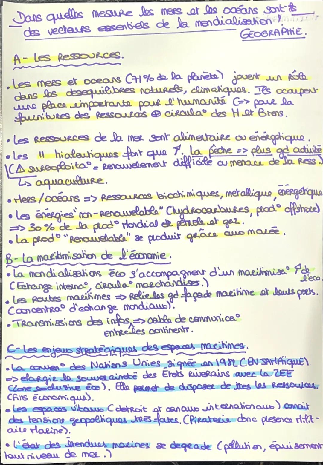 Dans quelles mesure les mers et les océans sont-ils
des vecteurs essentiels de la mondialisation
GEOGRAPHIE.

A- Les RessoOURCES.

• Les mee