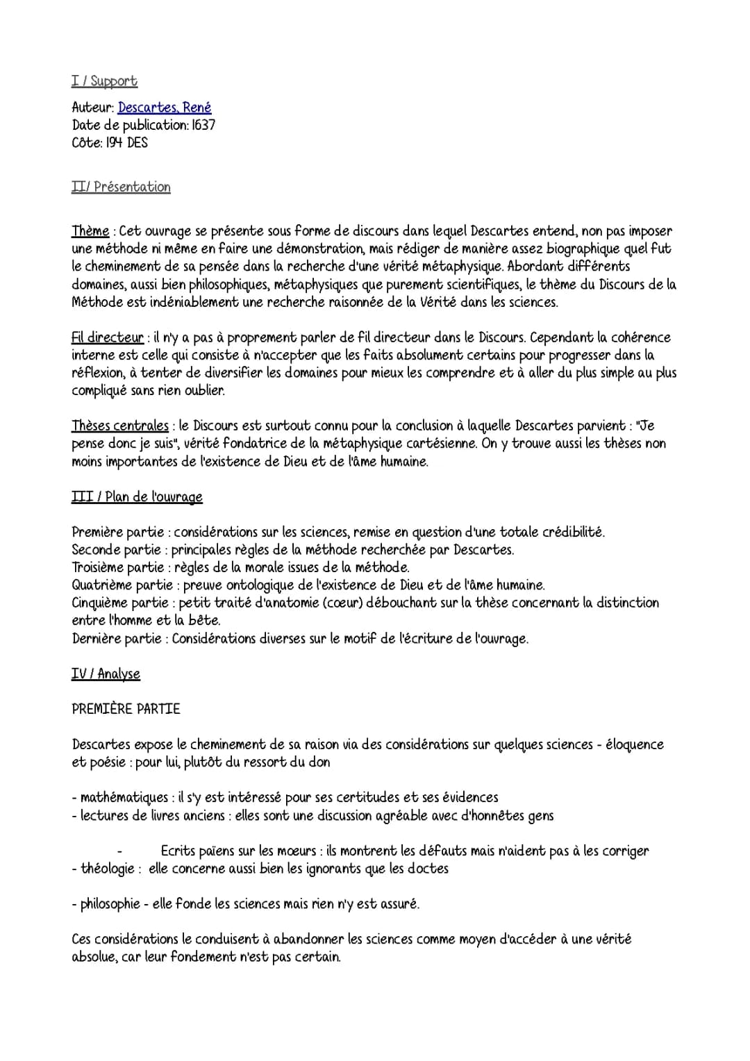 Explication de texte Discours de la méthode partie 5 - Résumé et corrigé de Descartes
