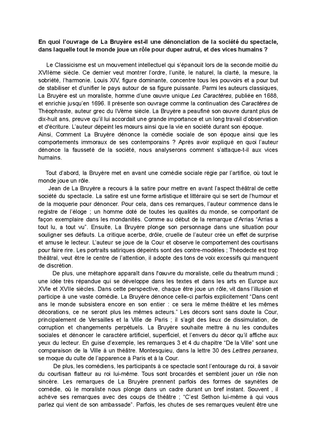 Dissertation Les Caractères La Bruyère : Sujet Corrigé PDF pour Bac et 1ère