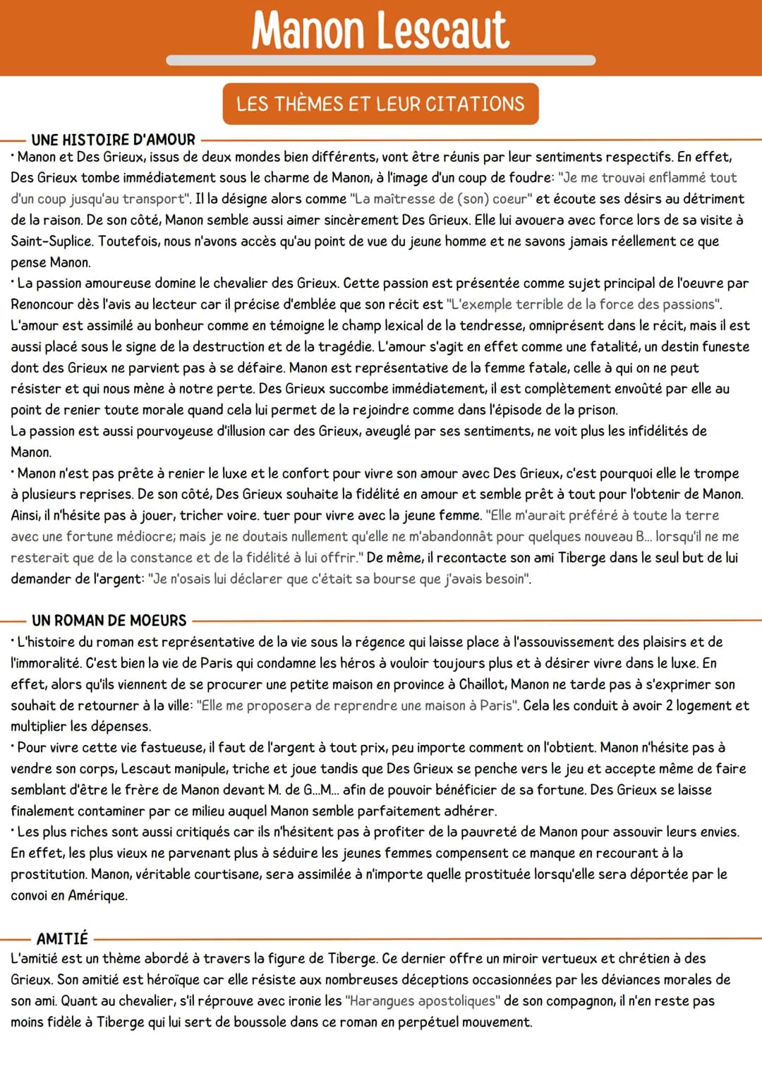Manon Lescaut
LES THÈMES ET LEUR CITATIONS
UNE HISTOIRE D'AMOUR
• Manon et Des Grieux, issus de deux mondes bien différents, vont être réuni
