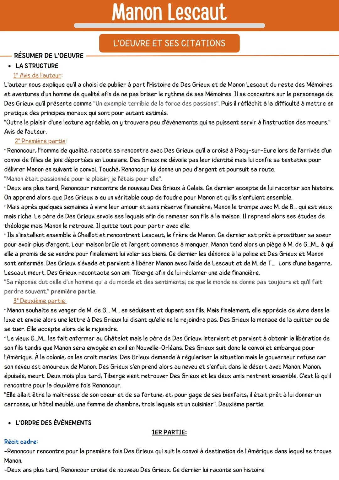 Manon Lescaut
LES THÈMES ET LEUR CITATIONS
UNE HISTOIRE D'AMOUR
• Manon et Des Grieux, issus de deux mondes bien différents, vont être réuni