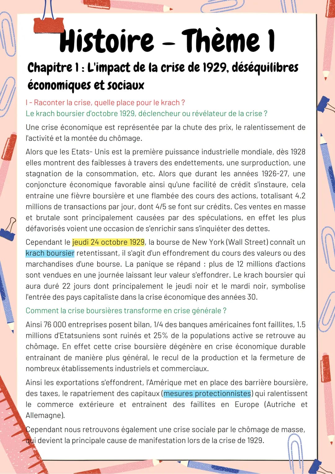 Histoire - Thème 1
Chapitre 1 : L'impact de la crise de 1929, déséquilibres
économiques et sociaux
1- Raconter la crise, quelle place pour l