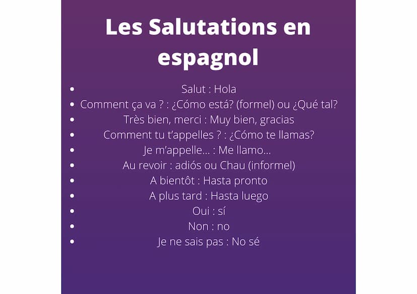 La politesse
S'il vous plaît : Por favor
Merci : Gracias
De rien: De nada
Enchanté : Mucho Gusto
Excusez-moi, pardon : Disculpe, Perdón
Ce n