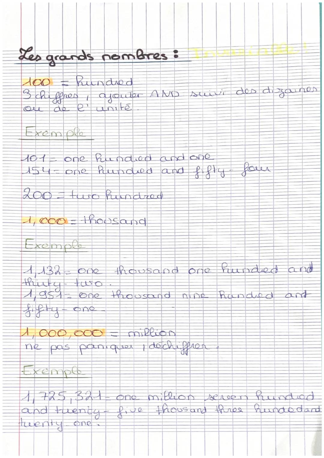 Les grands nombres :
100 = hundred
3 chiffres, ajouter AND suivi des dizaines
de l'unité
Exemplo
one hundred and one
one hundred and fifty f