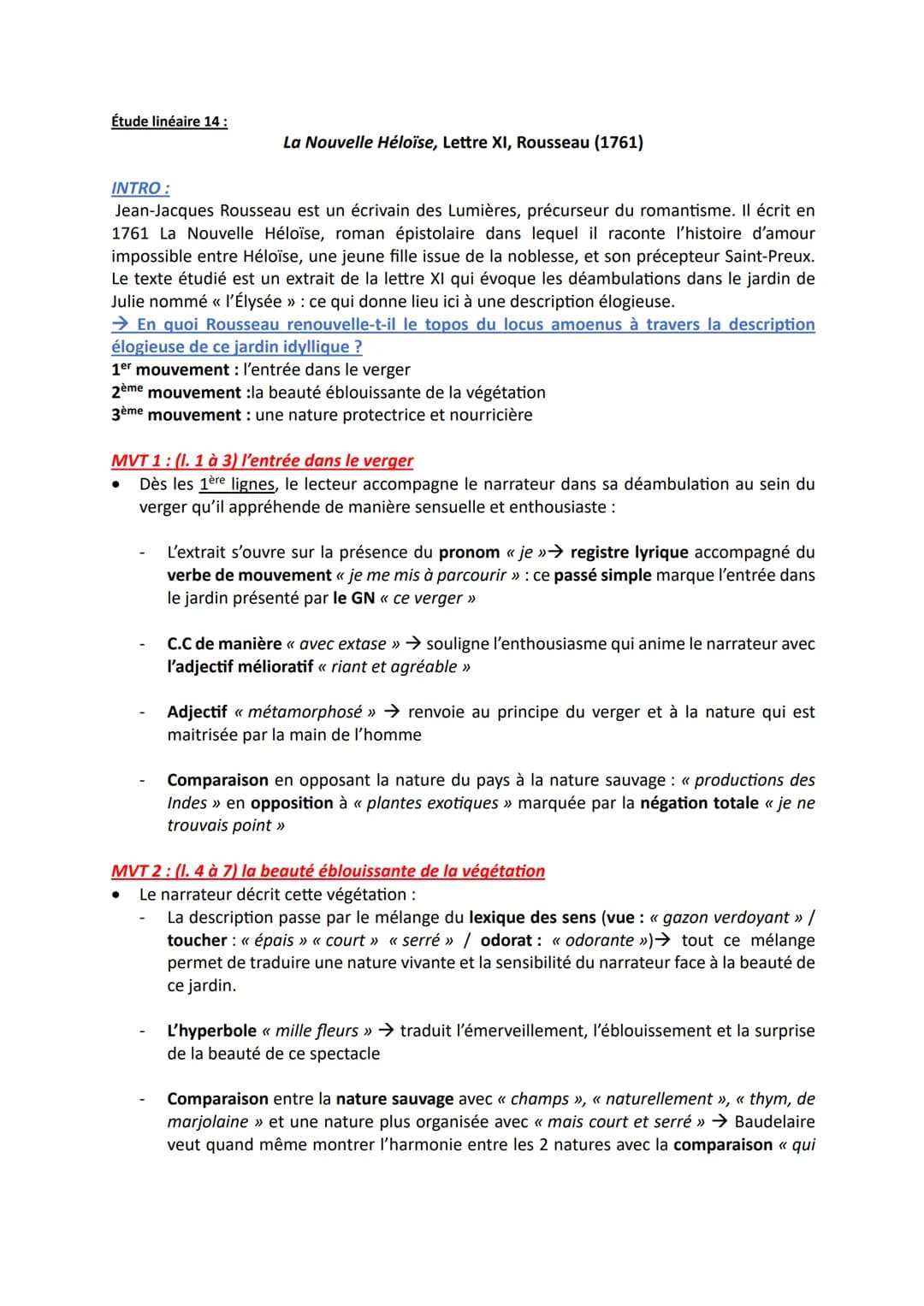 Étude linéaire 14:
La Nouvelle Héloïse, Lettre XI, Rousseau (1761)
INTRO:
Jean-Jacques Rousseau est un écrivain des Lumières, précurseur du 