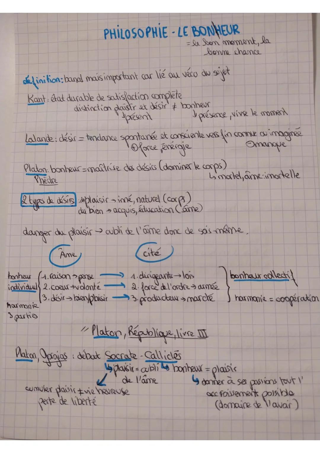 PHILOSOPHIE LE BONHEUR
definition: banal mais important car lié au véco du sujet
Kant: état durable de satisfaction complete
distinction pla