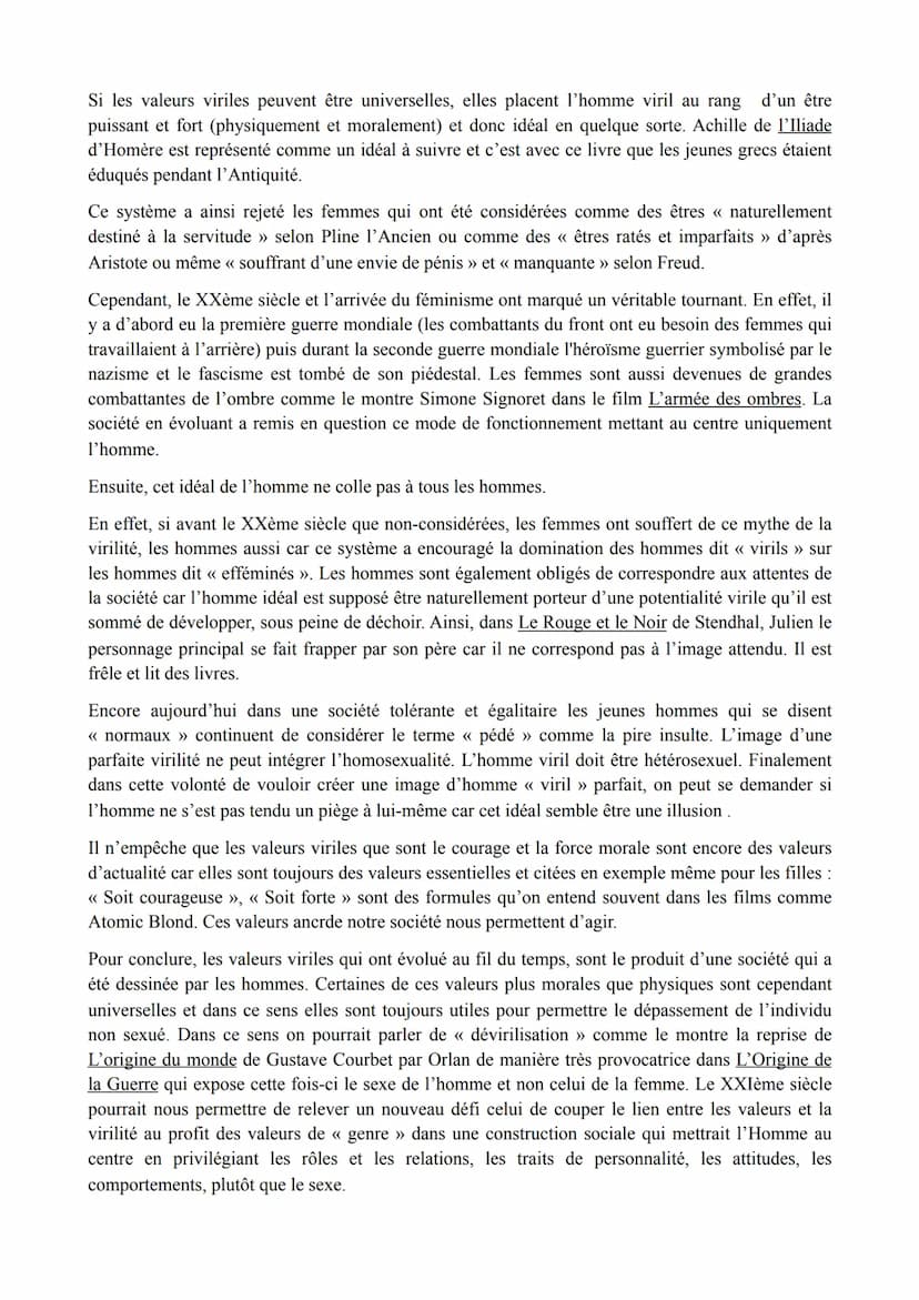 Marie ADAM 212
SUJET : Les valeurs viriles sont-elles toujours utiles actuellement ?
La virilité se définit comme un ensemble des caractères