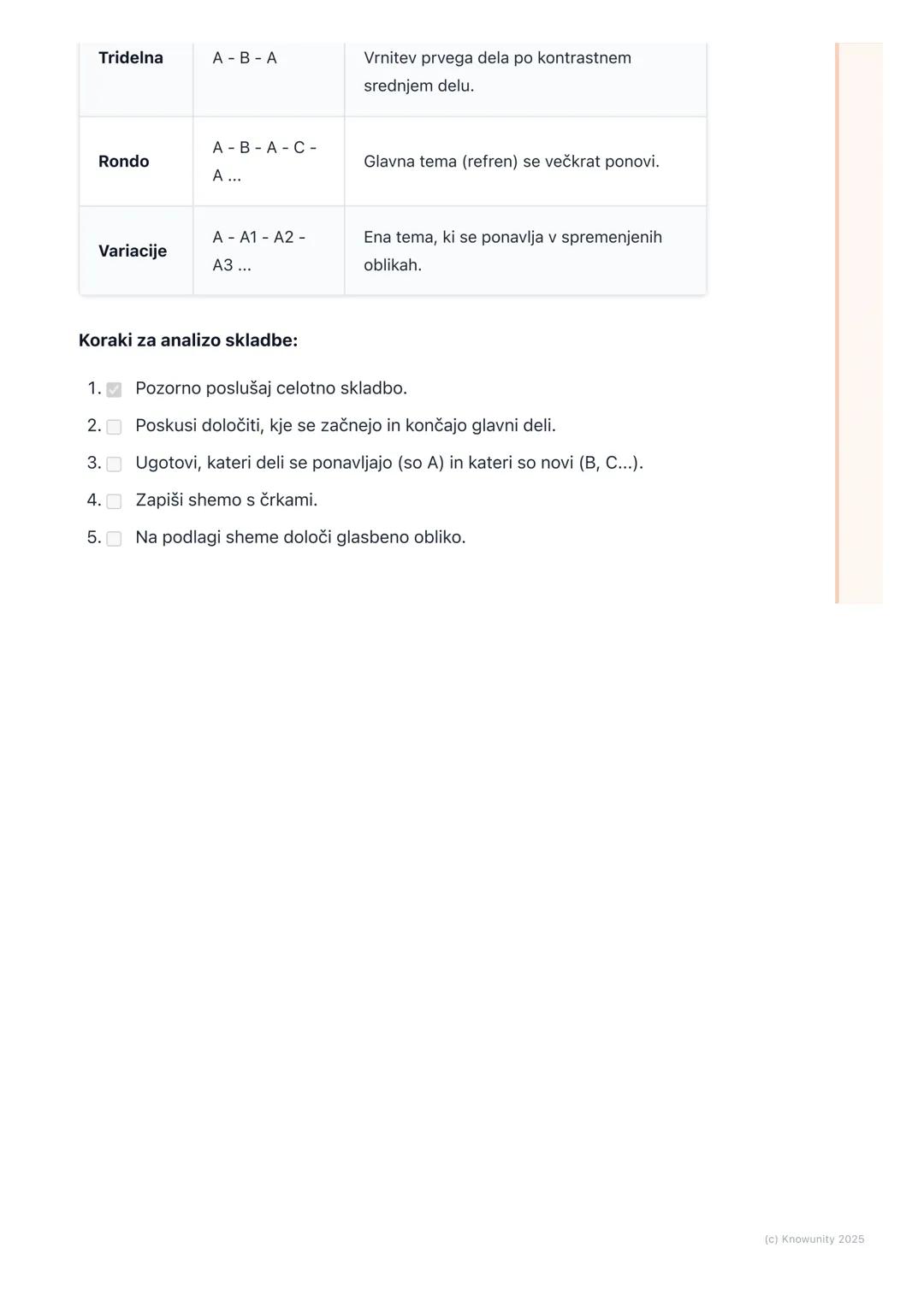 # Glasbene oblike

Kaj so glasbene oblike?

Glasbena oblika je kot načrt ali okostje skladbe. Pove nam, kako so posamezni
deli glasbe (melod