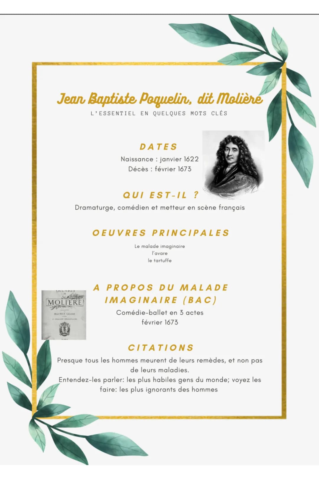 Jean Baptiste Poquelin, dit Molière
L'ESSENTIEL EN QUELQUES MOTS CLÉS
QUI EST-IL ?
Dramaturge, comédien et metteur en scène français
OLUYRES