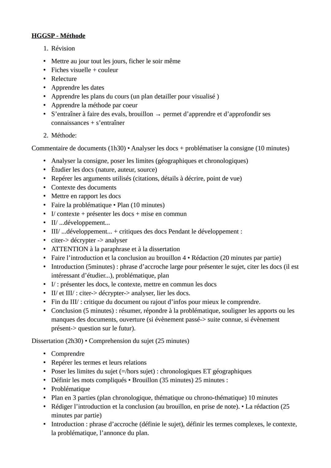 HGGSP - Méthode
1. Révision
●
.
●
2. Méthode:
Commentaire de documents (1h30). Analyser les docs + problématiser la consigne (10 minutes)
An