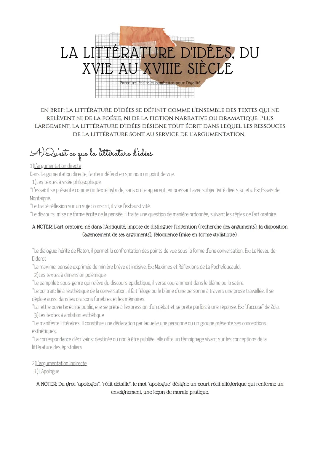 LA LITTÉRATURE D'IDÉES, DU
XVIE AU XVIIIE SIÈCLE
EN BREF: LA LITTÉRATURE D'IDÉES SE DÉFINIT COMME L'ENSEMBLE DES TEXTES QUI NE
RELÈVENT NI D