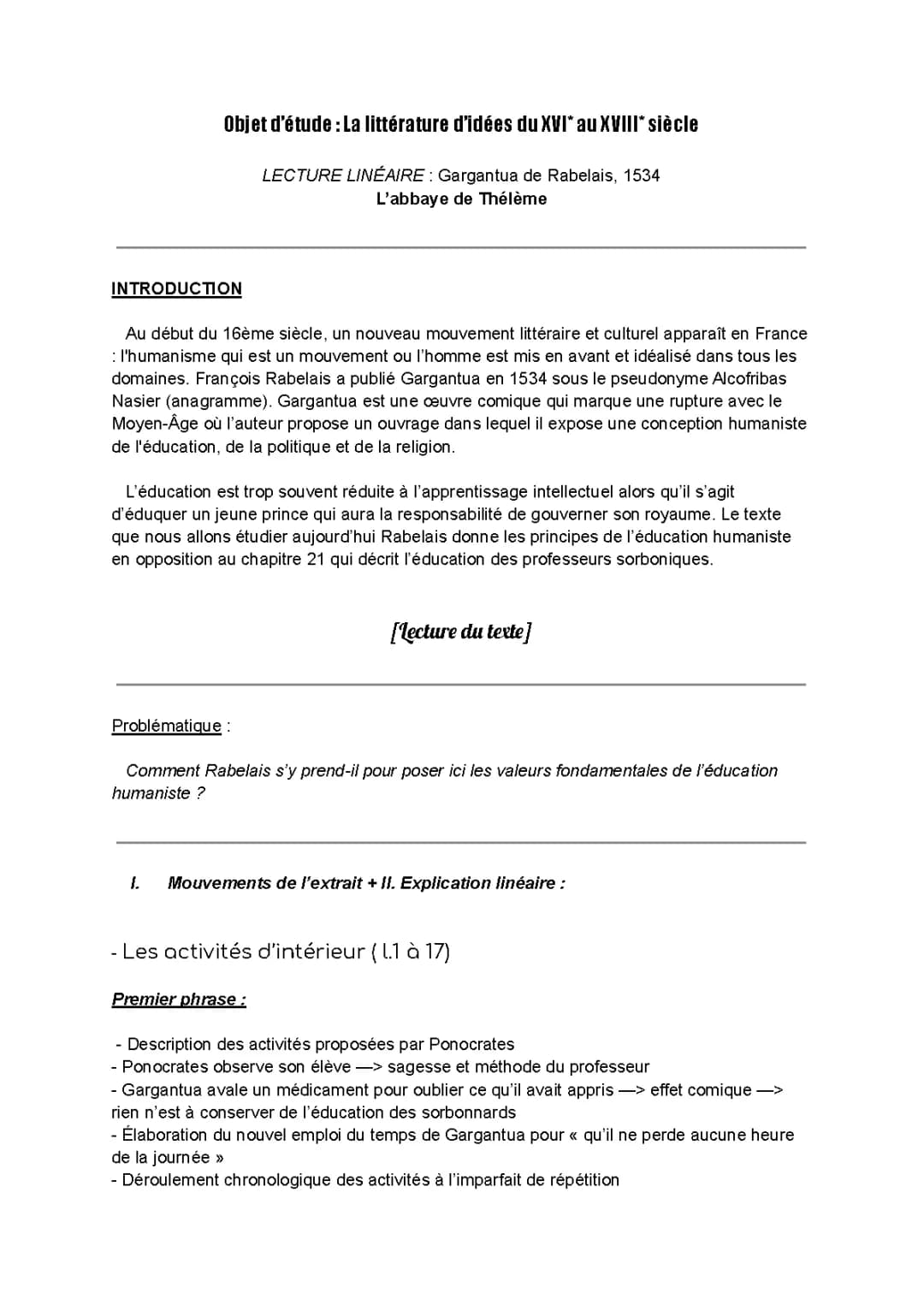 La littérature française du 16ème siècle: Résumé de Gargantua et contexte historique