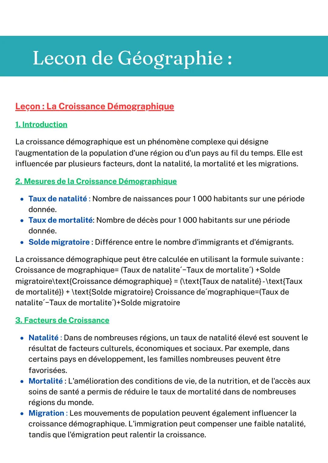 Lecon de Géographie :
Leçon : La Croissance Démographique
1. Introduction
La croissance démographique est un phénomène complexe qui désigne

