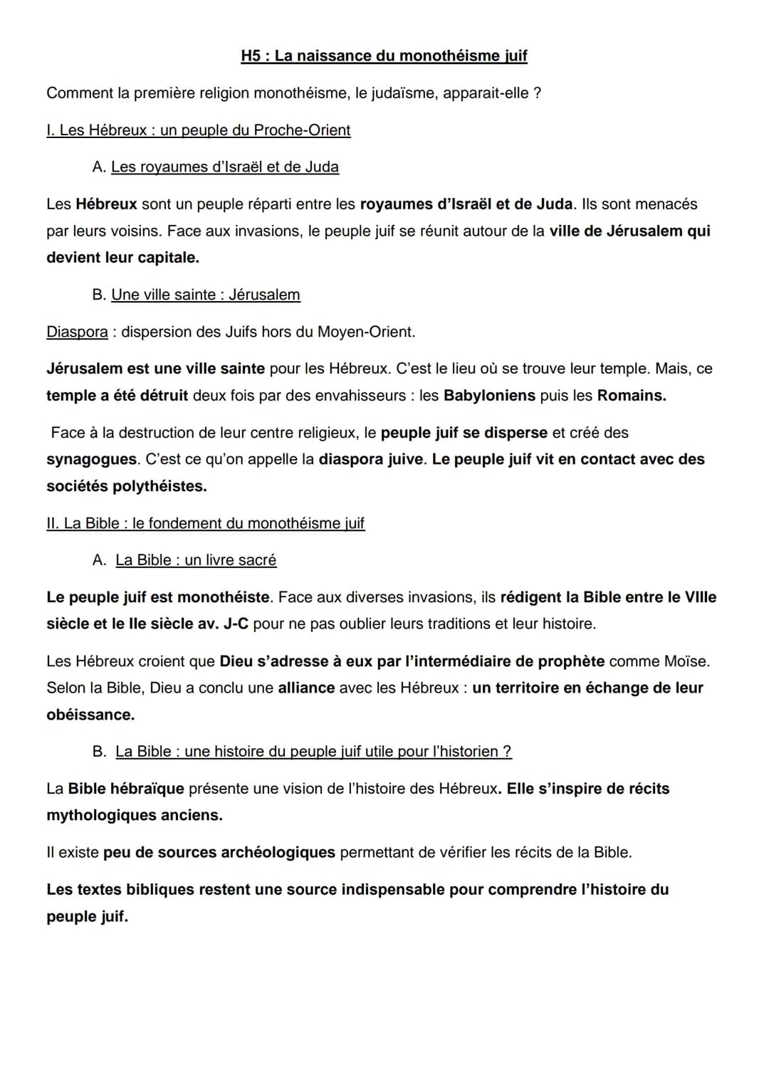 H5: La naissance du monothéisme juif
Comment la première religion monothéisme, le judaïsme, apparait-elle ?
I. Les Hébreux : un peuple du Pr