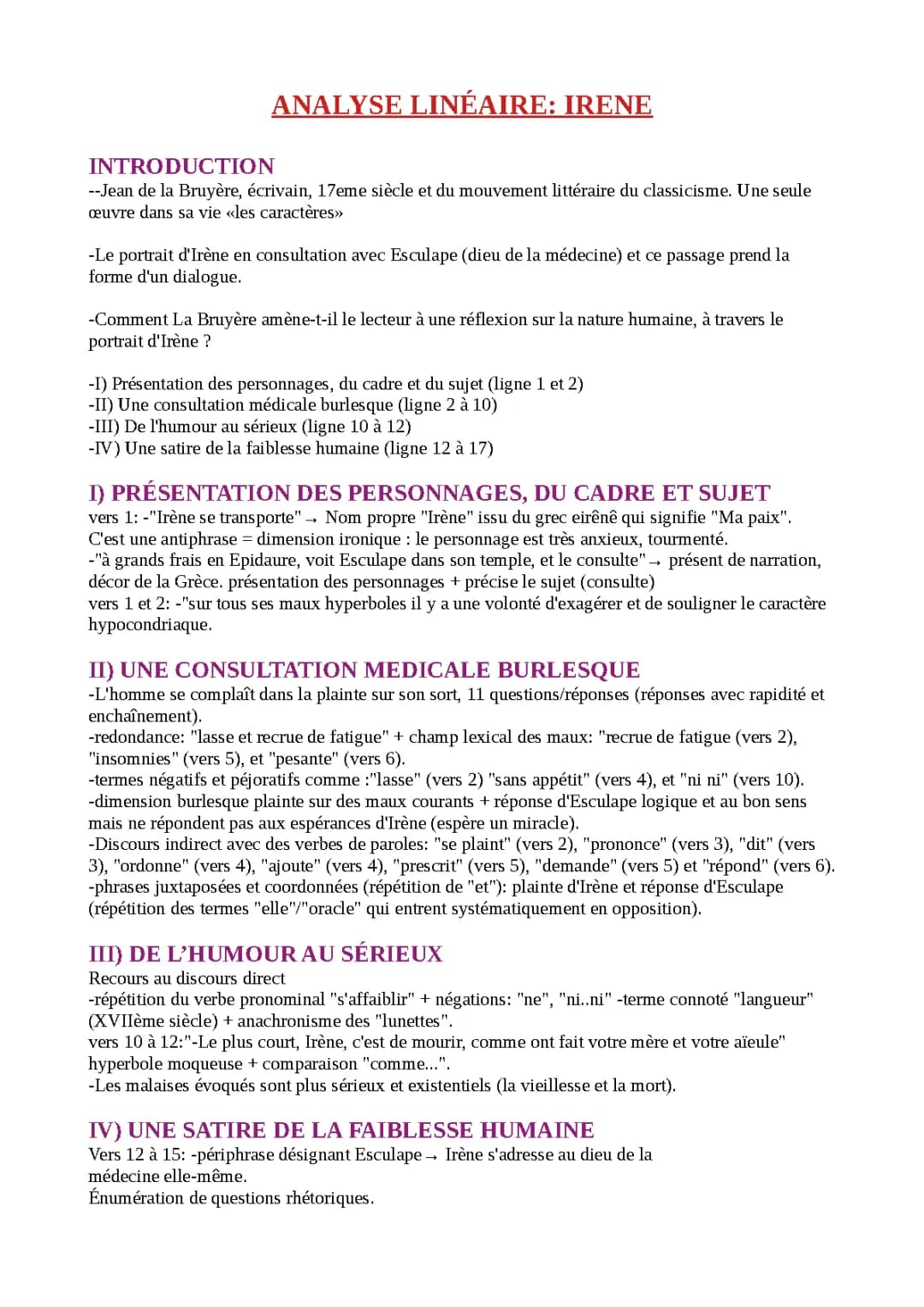 Analyse linéaire Irène Les Caractères La Bruyère: Résumé et Exemples