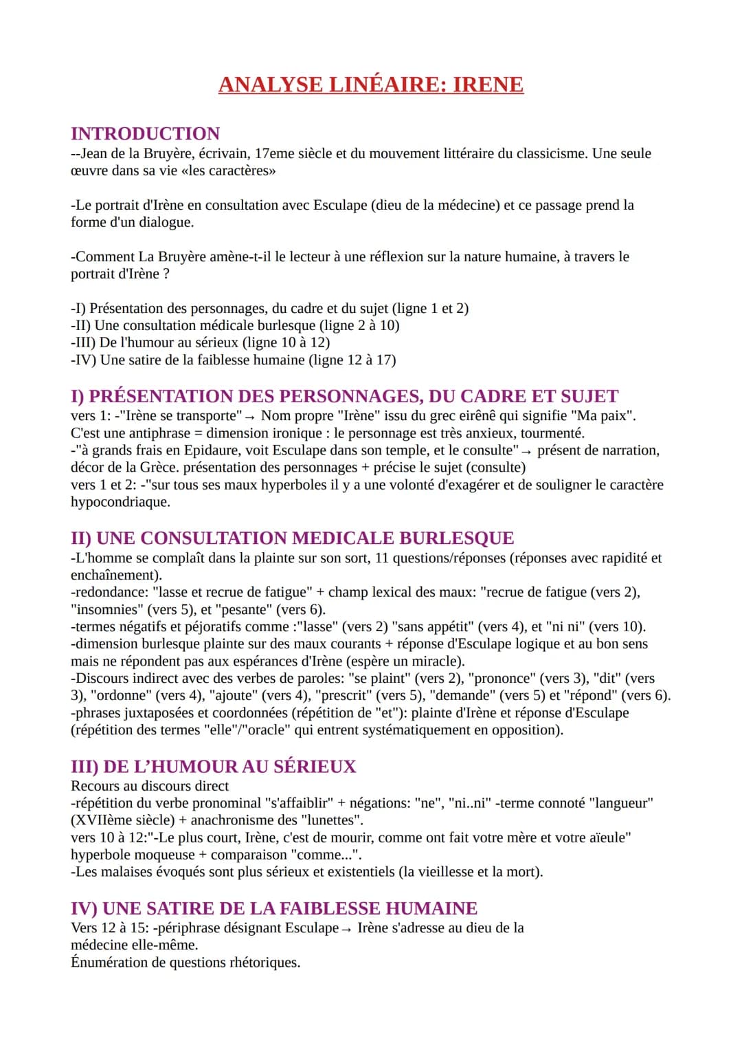 ANALYSE LINÉAIRE: IRENE
INTRODUCTION
--Jean de la Bruyère, écrivain, 17eme siècle et du mouvement littéraire du classicisme. Une seule
œuvre