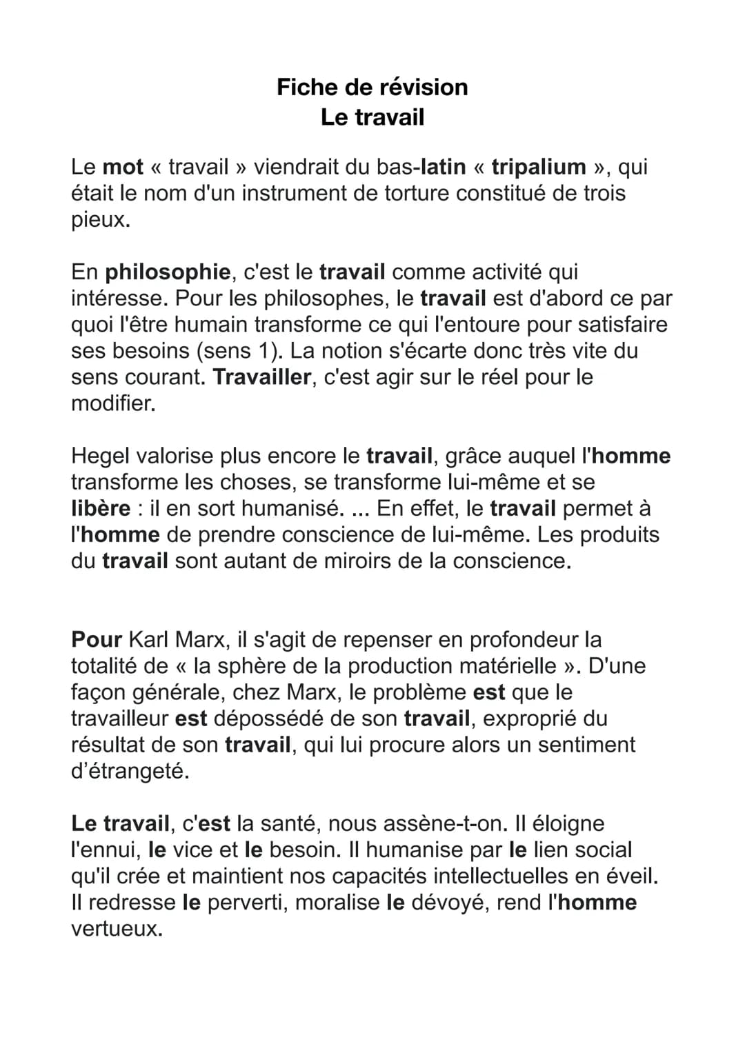 Fiche de révision
Le travail
Le mot << travail » viendrait du bas-latin « tripalium », qui
était le nom d'un instrument de torture constitué