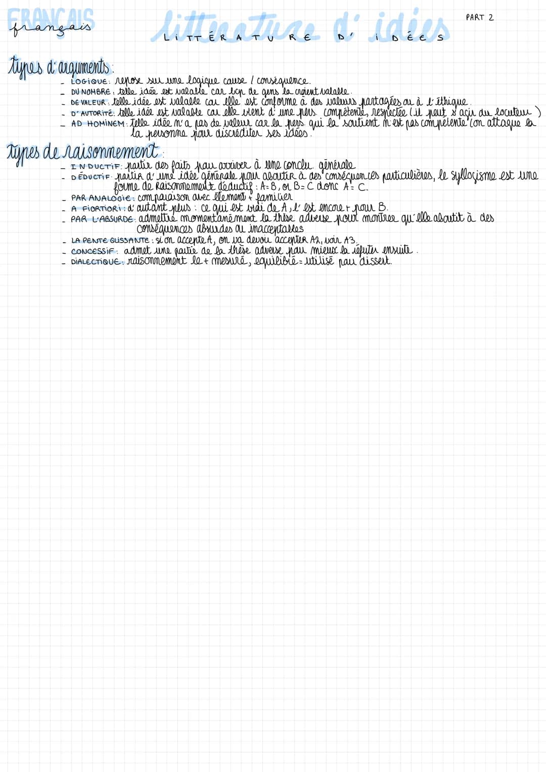 FRANCAIS
types d' arguments:
litterature d'idées
LOGIQUE: repose sur une logique cause / conséquence.
DU NOMBRE: telle idée est valable car 