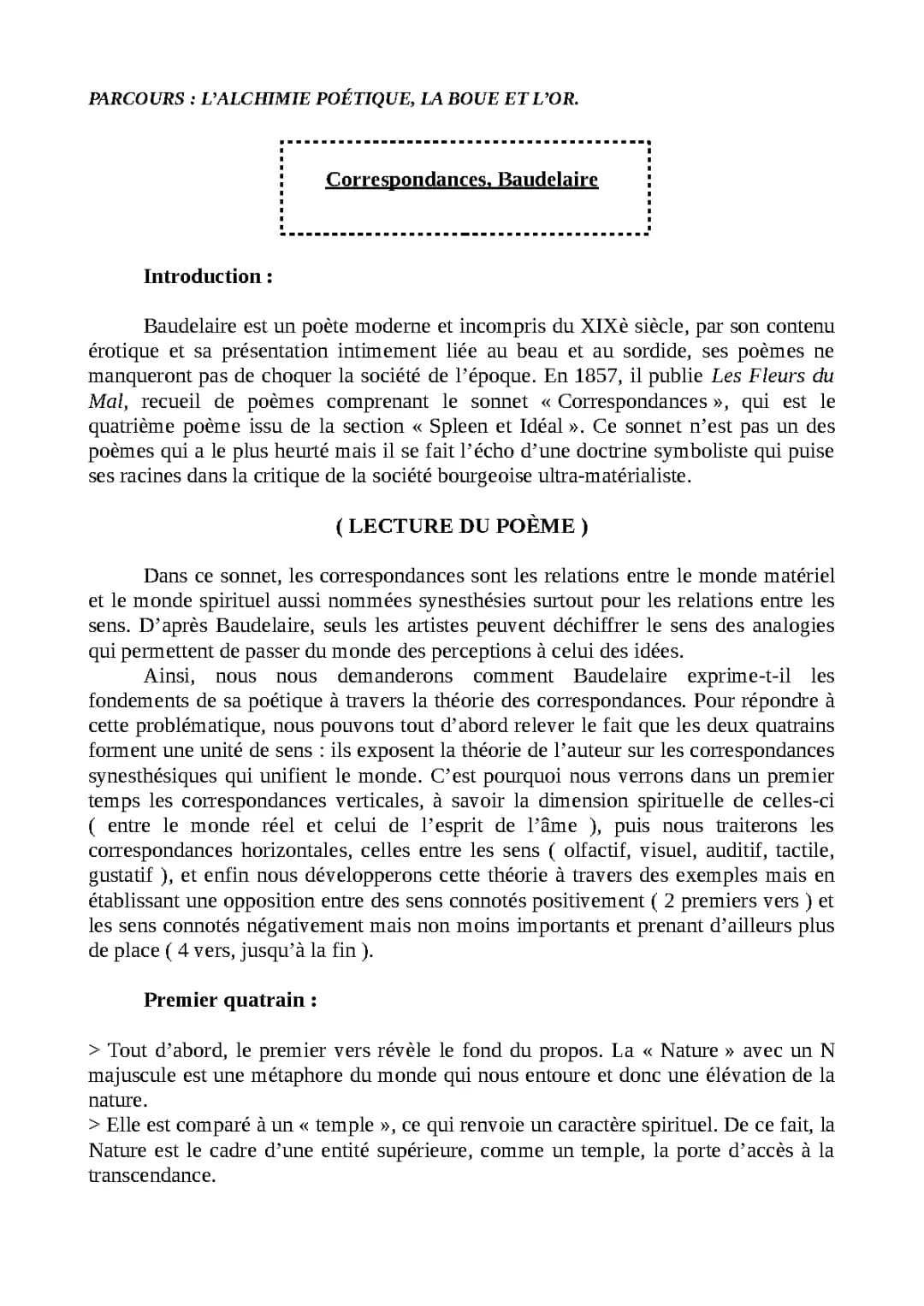 Correspondances de Baudelaire : Analyse PDF et Commentaire Composé