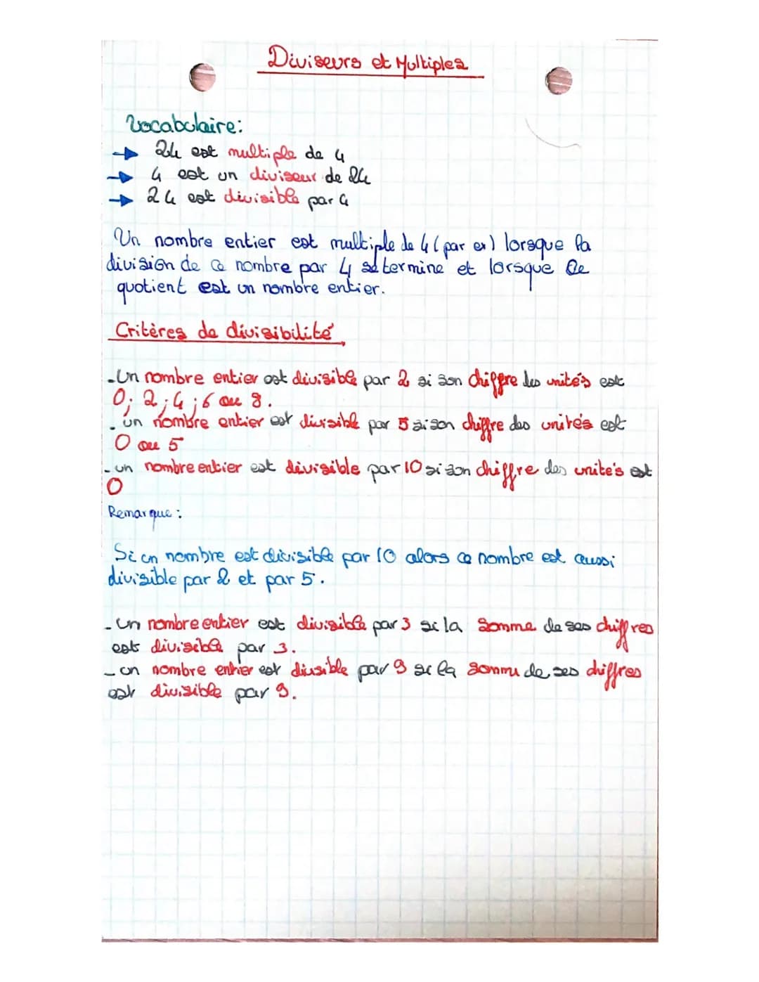 Vocabulaire:
Diviseurs et Multiples
24 sat multiple de 4
4 est un diviseur de 24
24 est divisible
par
G
Un nombre entier est multiple de 4 (