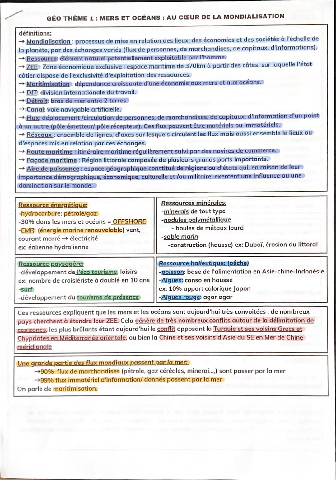 GÉO THÈME 1: MERS ET OCÉANS: AU CŒUR DE LA MONDIALISATION
définitions:
→ Mondialisation processus de mise en relation des lieux, des économi