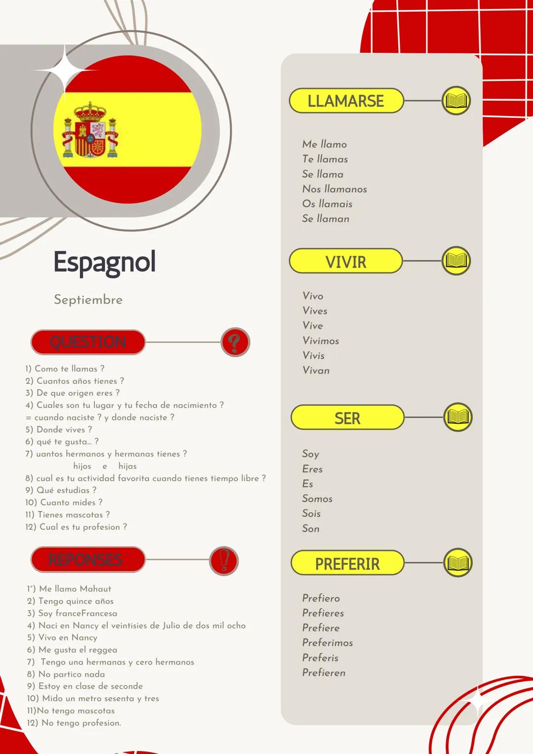 Espagnol
Septiembre
1) Como te llamas ?
2) Cuantos años tienes?
3) De que origen eres?
4) Cuales son tu lugar y tu fecha de nacimiento ?
= c