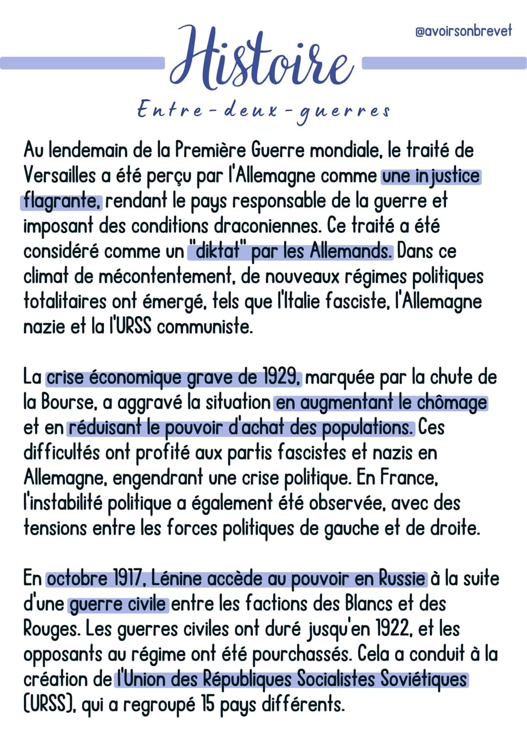 -Histoire
Entre-deux-guerres
@avoirsonbrevet
Au lendemain de la Première Guerre mondiale, le traité de
Versailles a été perçu par l'Allemagn
