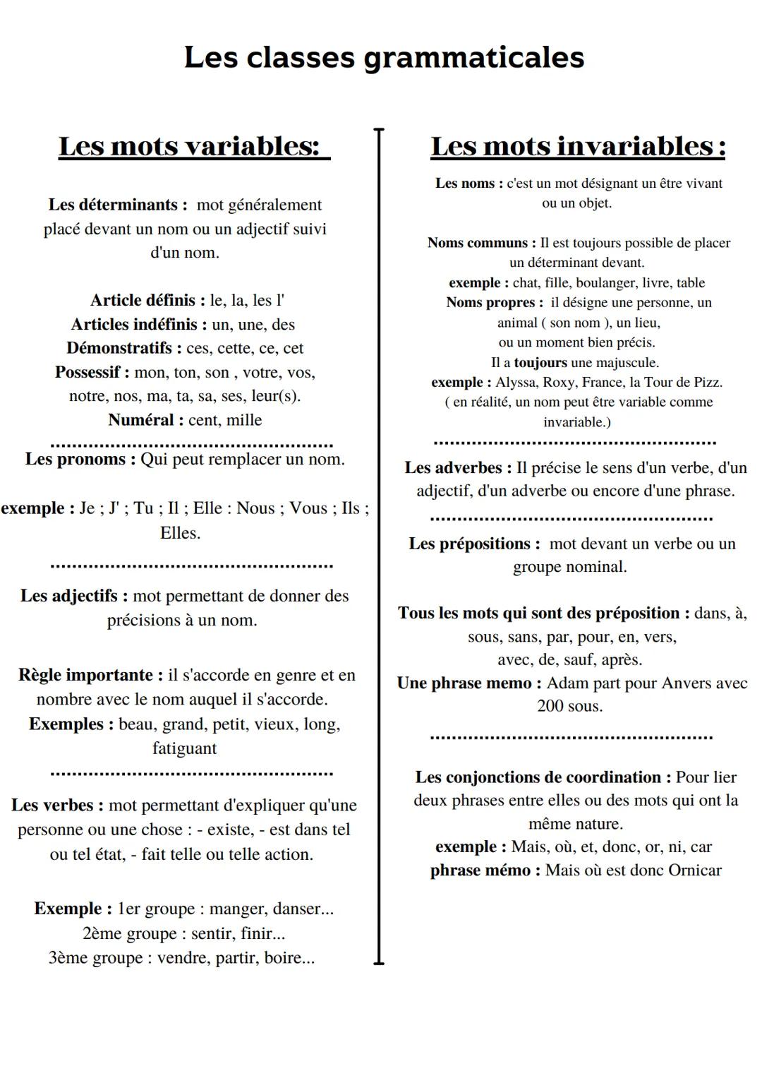 Les classes grammaticales
Les mots variables:
Les déterminants: mot généralement
placé devant un nom ou un adjectif suivi
d'un nom.
Article 