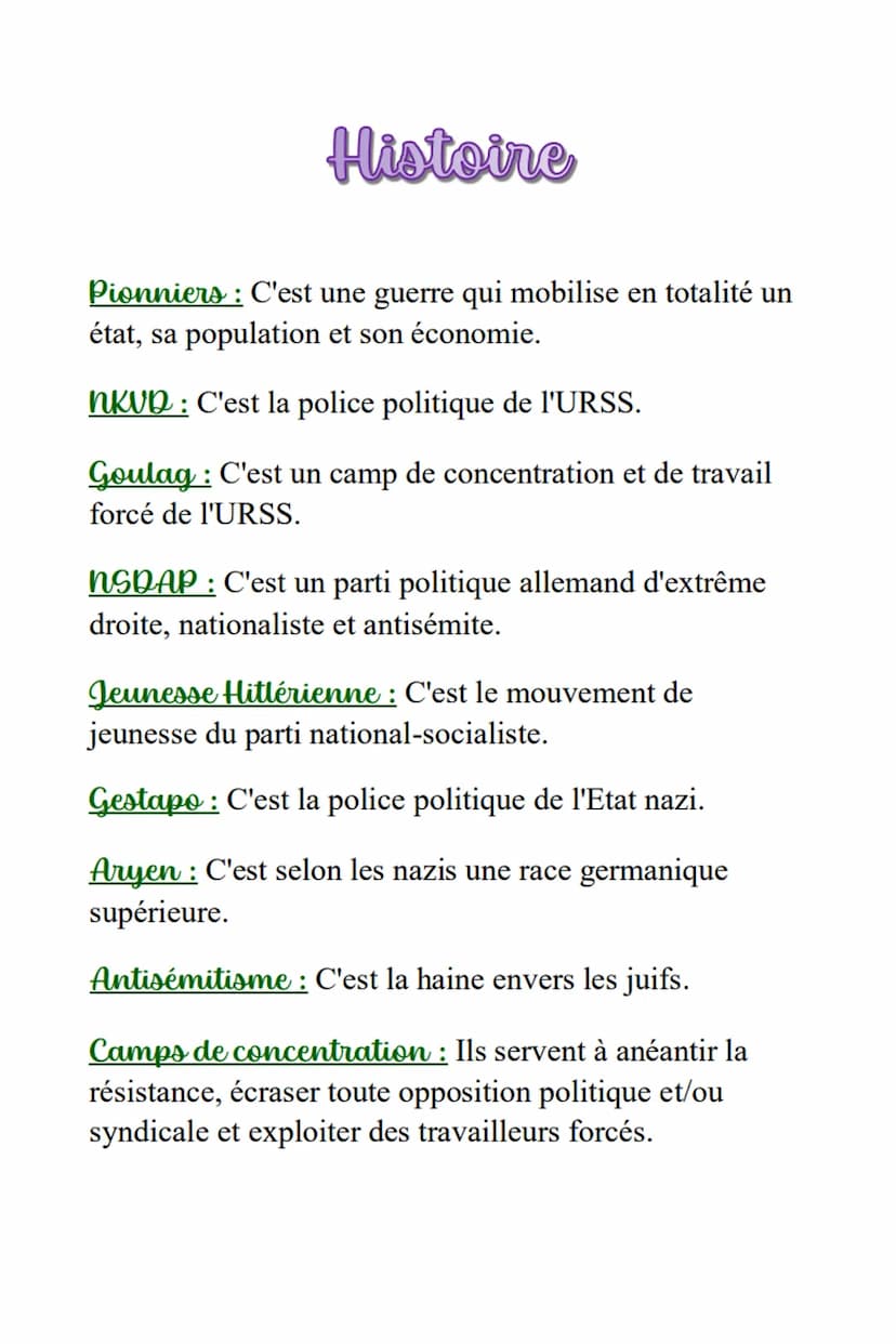 Histoire I)
Thème 2: L'entre-deux-guerres
Définitions:
URSS: C'est un Etat fédéral à régime communiste.
Régime totalitaire : C'est un régime