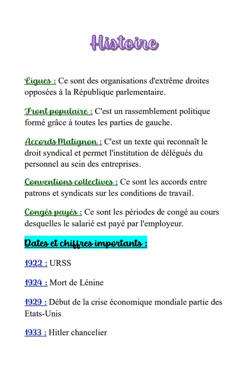 Histoire I)
Thème 2: L'entre-deux-guerres
Définitions:
URSS: C'est un Etat fédéral à régime communiste.
Régime totalitaire : C'est un régime